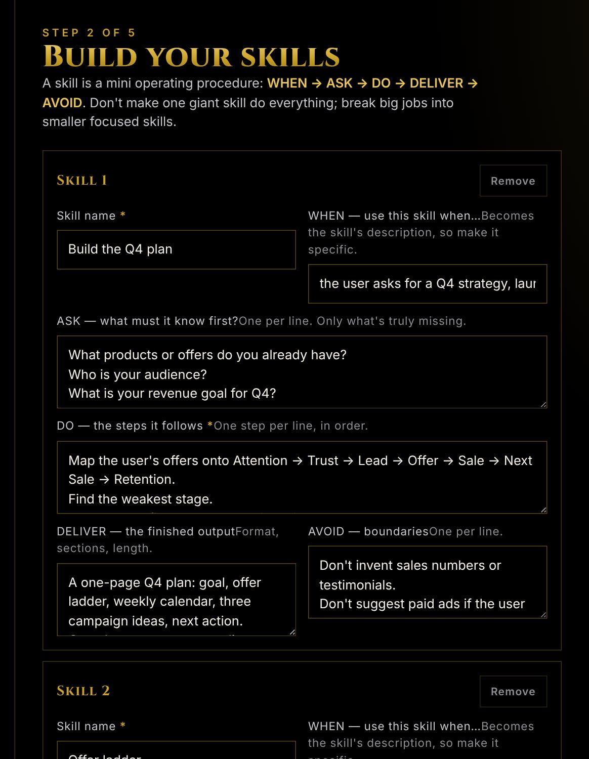 Step 2 of the Plugin Builder: skill cards with WHEN, ASK, DO, DELIVER and AVOID boxes, in the workspace layout