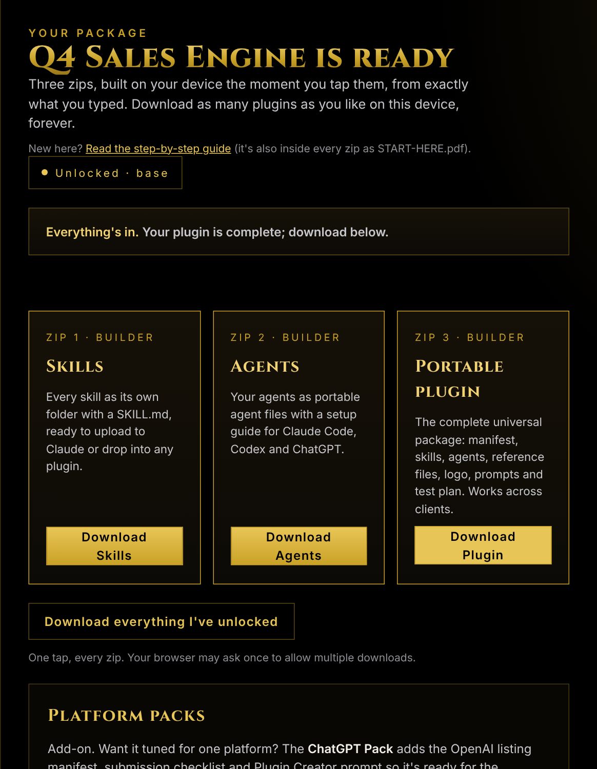 The Downloads step of the Plugin Builder showing the review card, the three included zips and the platform packs